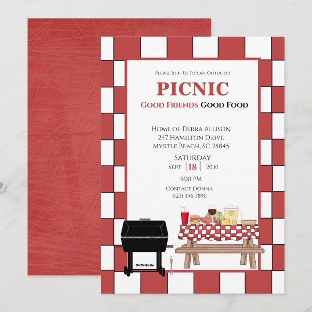 Invitación Mantel Rojo Picnic BBQ Parrilla al aire libre   (Anverso / Reverso)