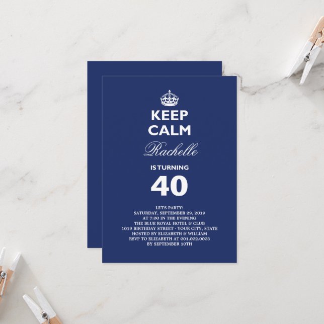 Invitación Mantener la calma azul gracioso hito 40 Fiesta de  (Anverso/Reverso In Situ)