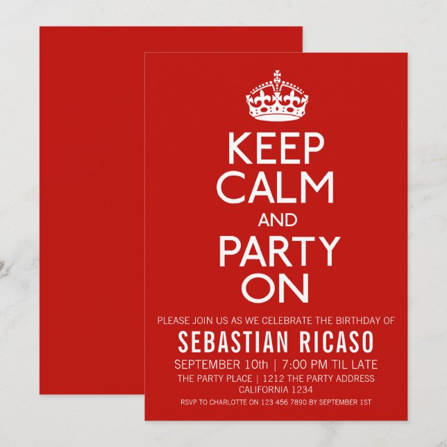 Invitación Mantener La Calma Y El Fiesta (Anverso / Reverso)
