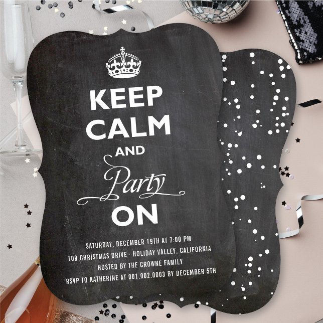 Invitación Mantener La Tranquilidad Y El Fiesta En Las Vacaci (Keep Calm And Party On Chalkboard Funny Holiday Invitation @ fat_fa_tin)