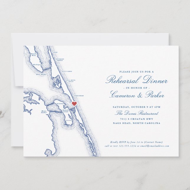 Invitación Manteo Nags Head Map Navy Blue Rehearner Dinner (Anverso)
