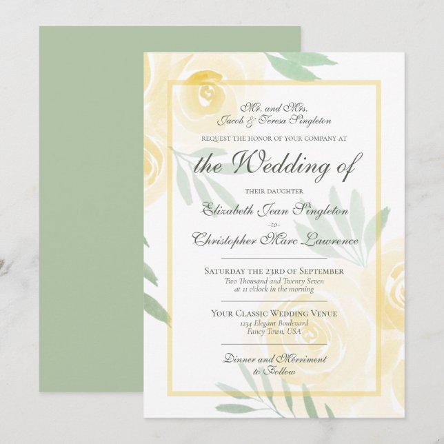 Invitación Mantequilla Amarillo y Oro Rosas Boho Boda Formal (Anverso / Reverso)