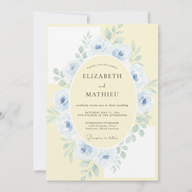 Invitación Mantequilla Polvo Flor de Boda Azul (Anverso)