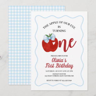 Invitación Manzana azul Lazo Preppy Coquette 1er cumpleaños