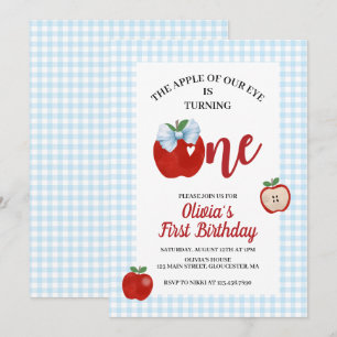 Invitación Manzana coqueta cumpleaños 1er azul a cuadros prep