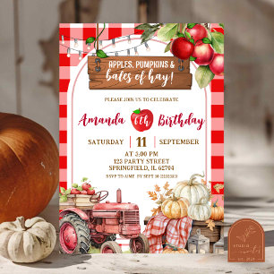 Invitación Manzana de Cuadros Rojos Calabaza y Fardos de Heno