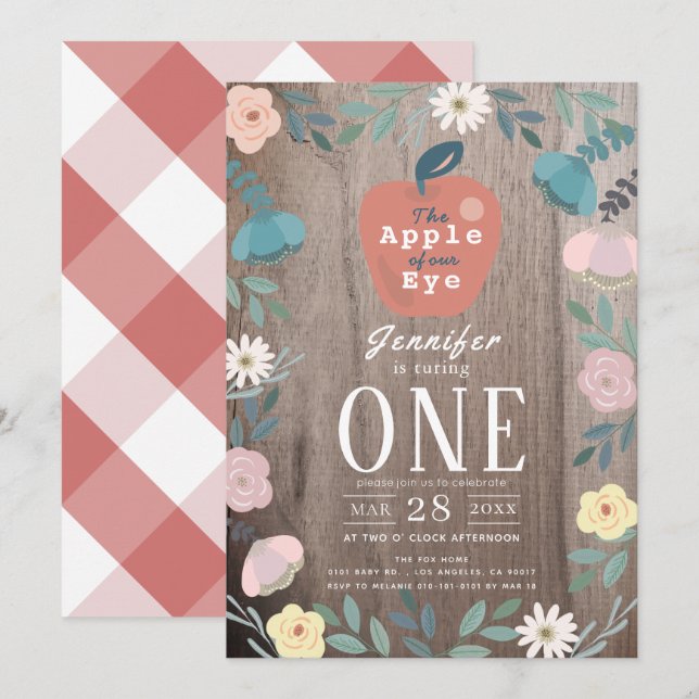 Invitación Manzana de nuestro Chica de Madera Floral de Ojos  (Anverso / Reverso)