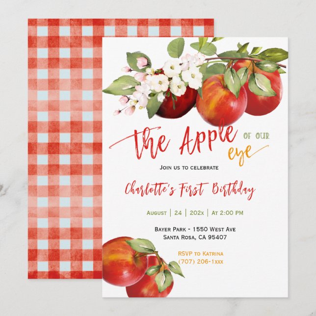 Invitación Manzana editable de nuestra fiesta de cumpleaños o (Anverso / Reverso)