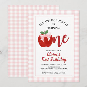 Invitación Manzana lazo rosa Coquette cumpleaños 1