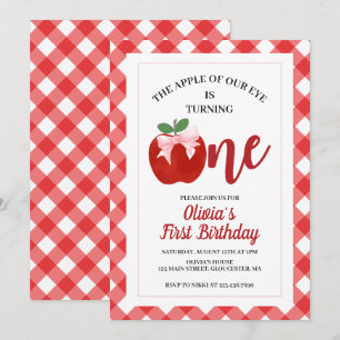 Invitación Manzana lazo rosa Coquette cumpleaños 1