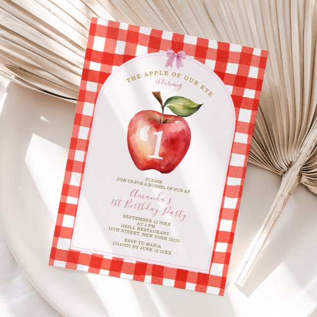 Invitación Manzana roja de Gingham de nuestra ducha de bebé (Subido por el creador)