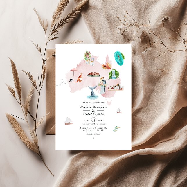 Invitación Mapa acuarela de la boda de destino de Australia (Subido por el creador)