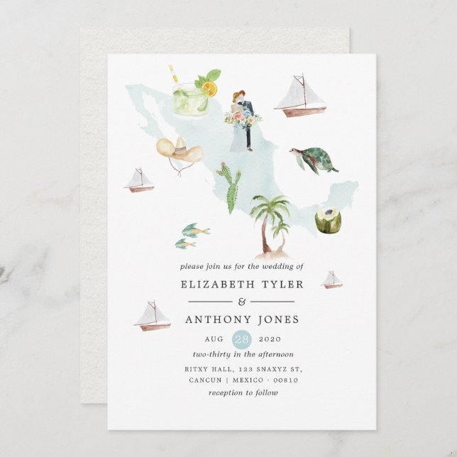 Invitación Mapa acuarela de la boda de destino en México (Anverso / Reverso)