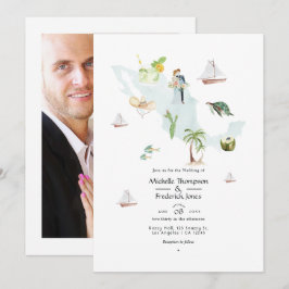 Invitación Mapa acuarela de la foto de la boda de destino en 
