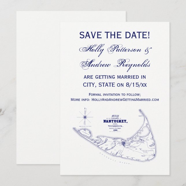 Invitación Mapa Antiguo de la Isla Nantucket MA Azul Marino (Anverso / Reverso)