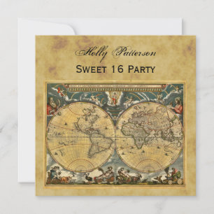 Invitación Mapa Antiguo del Mundo, Fondo Deteriorado Cuadrado