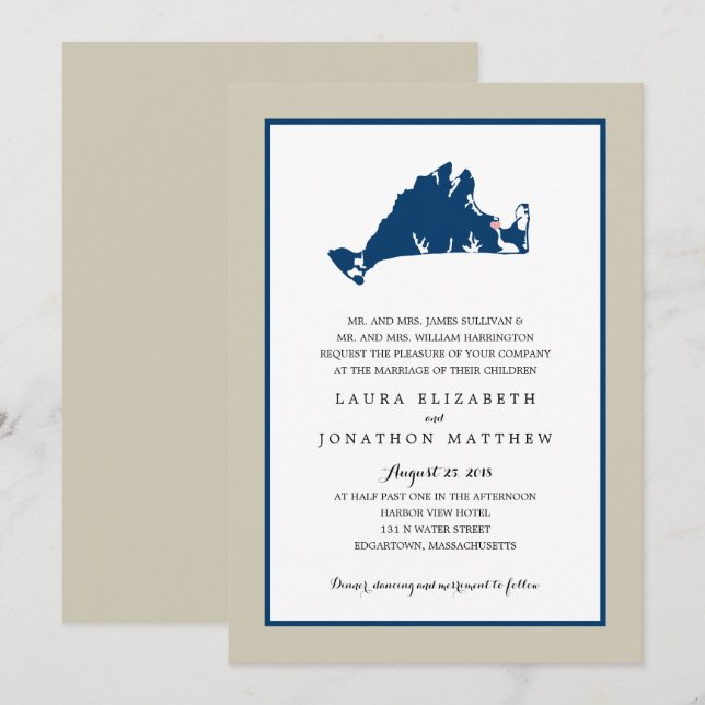 Invitación Mapa azul el | del viñedo de EDGARTOWN Marthas que (Anverso / Reverso)