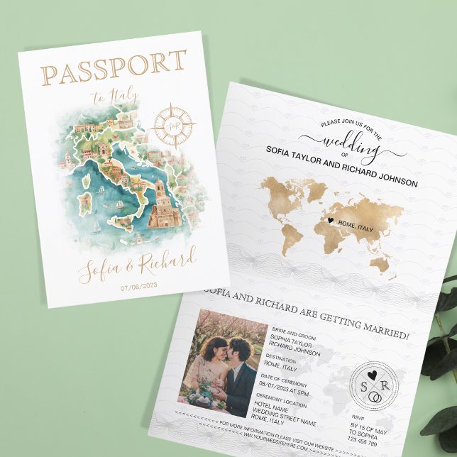 Invitación Mapa boda de Pasaporte de Destino de Italia (illustrated watercolor italy map)