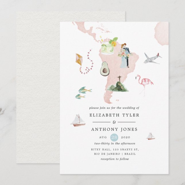 Invitación Mapa de Acuarela de Boda de Destino en Río (Anverso / Reverso)