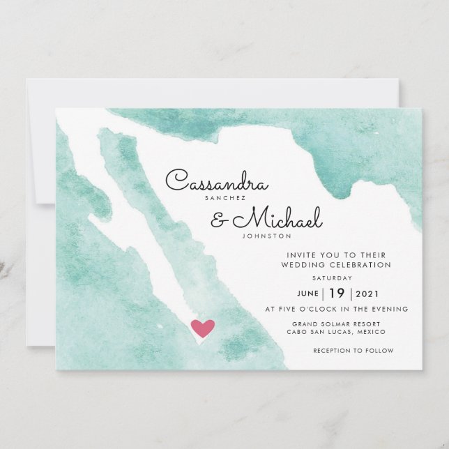 Invitación Mapa de acuarela de México | Cabo | Boda de destin (Anverso)