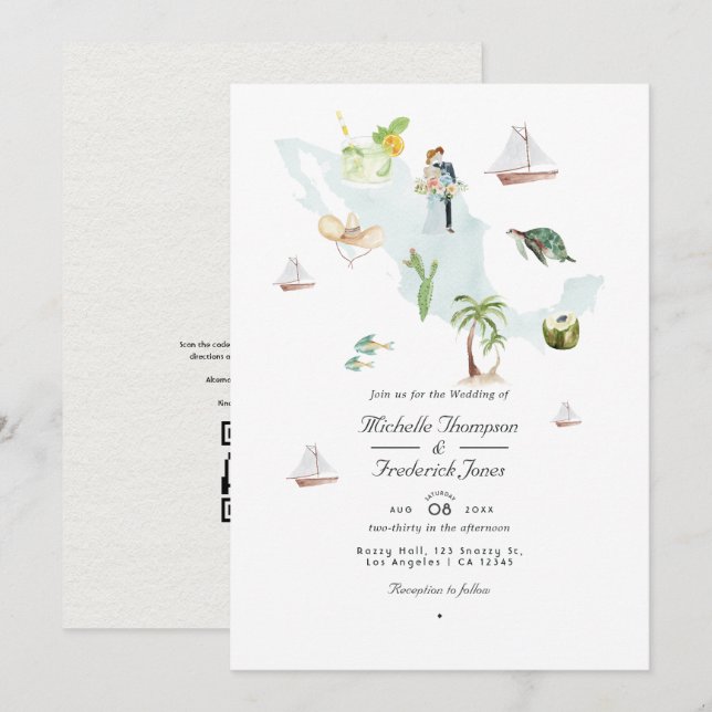 Invitación Mapa de acuarela de México Código QR Boda RSVP (Anverso / Reverso)