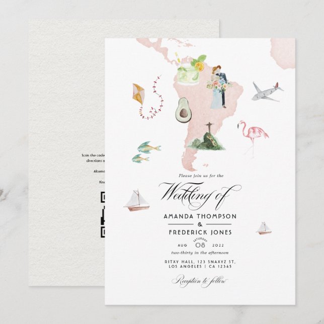 Invitación Mapa de acuarela del Boda de código QR de destino  (Anverso / Reverso)