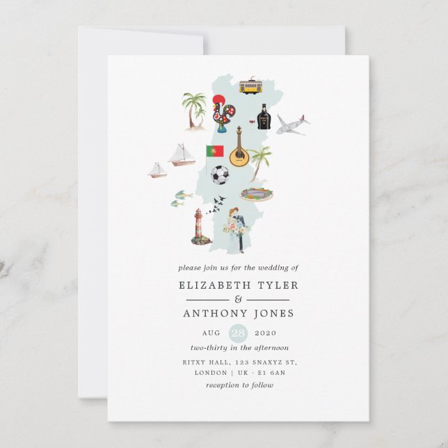 Invitación Mapa de acuarelas de la boda de destino en Portuga (Anverso)