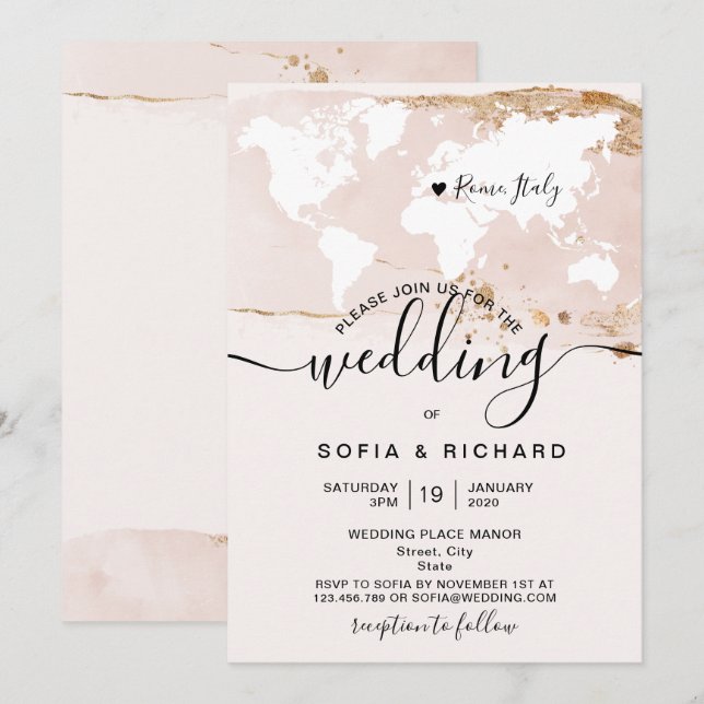 Invitación Mapa de agua del mundo de la boda de destino simpl (Anverso / Reverso)