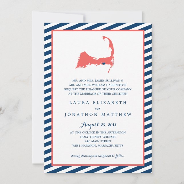 Invitación Mapa de bacalao y franjas de Dennisport | BODA (Anverso)