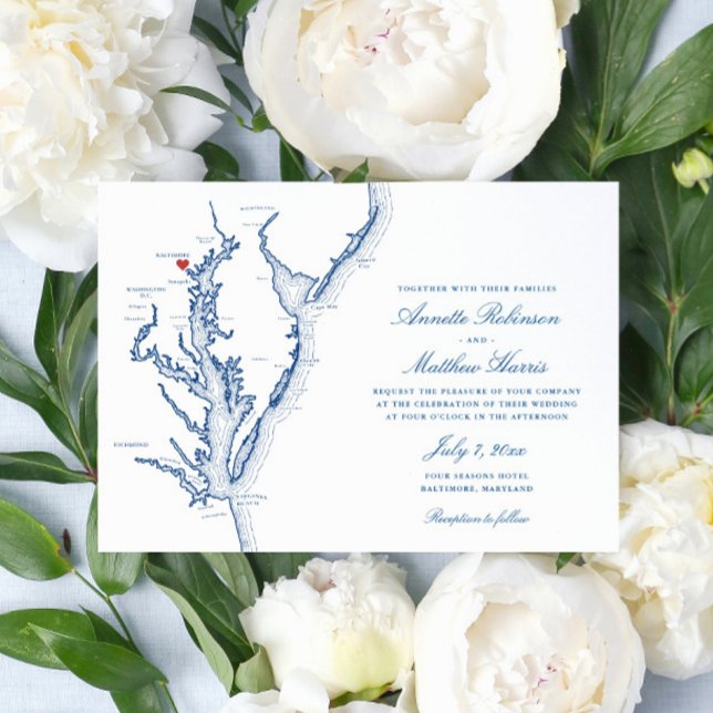 Invitación Mapa de Baltimore Maryland Elegante Boda Azul Mari (Elegant Baltimore Maryland map wedding invitation with navy blue map of the Chesapeake Bay)