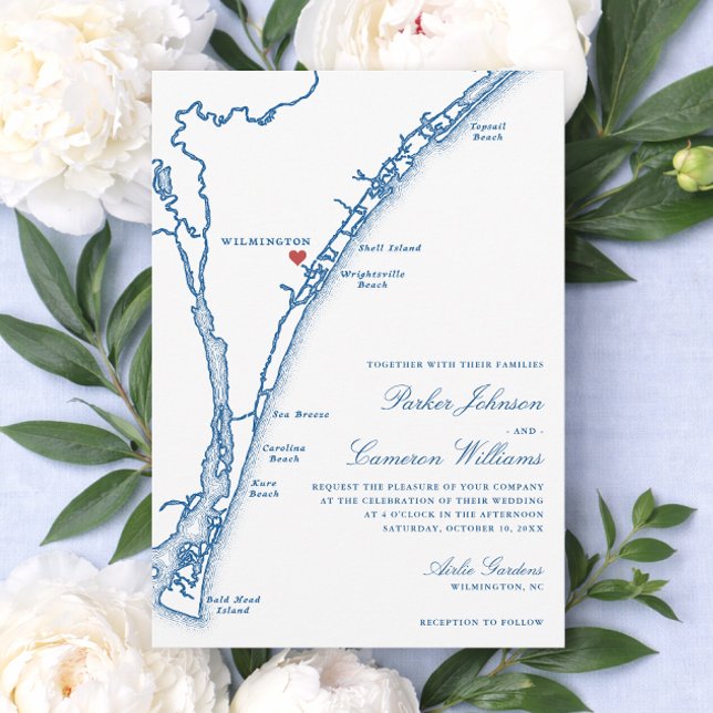 Invitación Mapa de bodas de Airlie Gardens Navy Wilmington NC (Airlie Gardens Wedding Invitation with Wilmington NC Map in elegant navy blue by Coastal Map Designs)