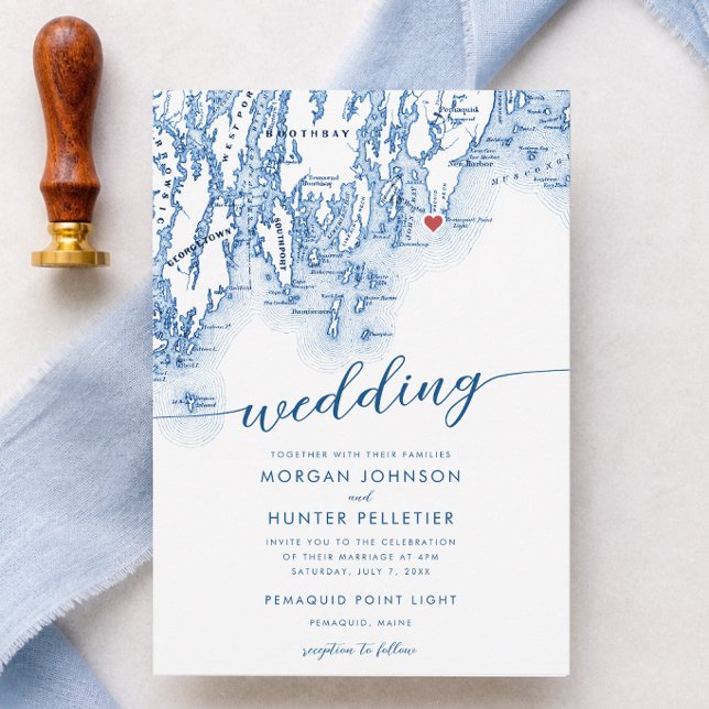 Invitación Mapa de bodas en Pemaquid Point Light Maine (Pemaquid Point Light Wedding Invitation Navy Blue Maine Map by Coastal Map Designs)
