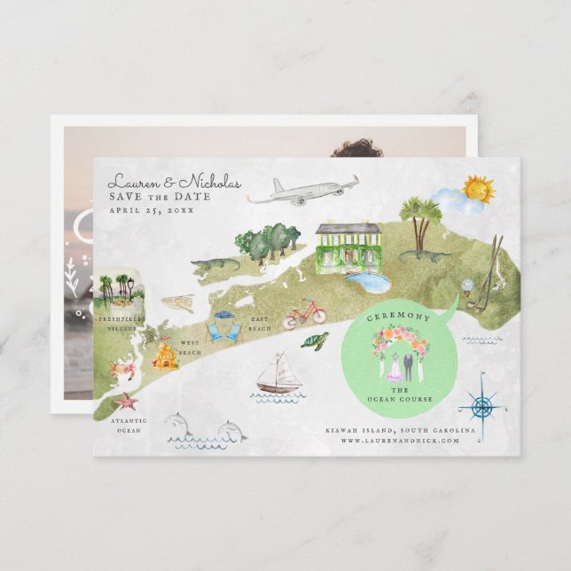 Invitación Mapa de Bodas Itinerarios de la Isla de Kiawah (Anverso / Reverso)
