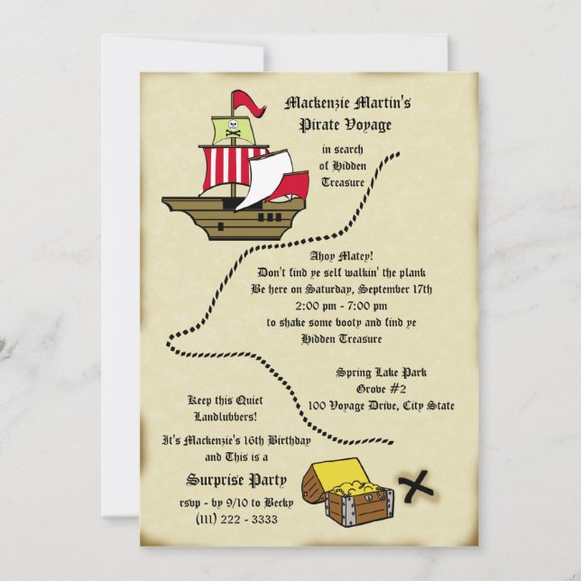 Invitación Mapa de boyas de cumpleaños piratas (Anverso)