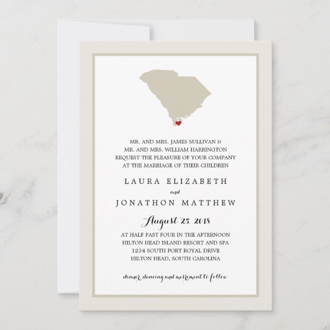 Invitación Mapa de Carolina del Sur con corazón | BODA (Anverso)