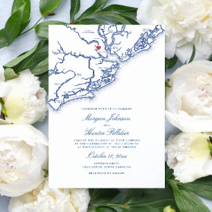 Invitación Mapa de Charleston SC Costero Azul Marino Boda
