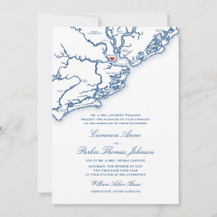 Invitación Mapa de Charleston SC Elegante Boda Azul Marino