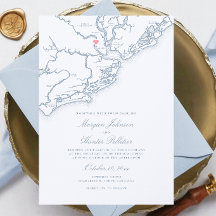 Mapa de Charleston SC Elegante Boda Azul Polvorien