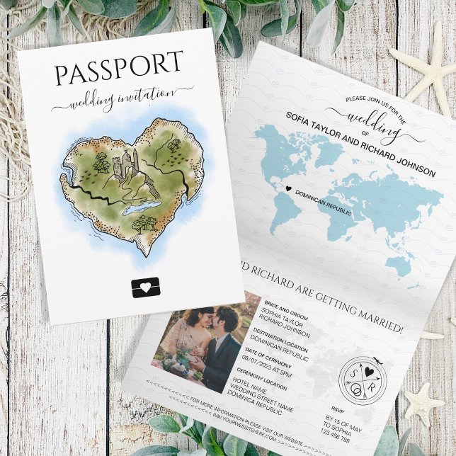 Invitación Mapa de corazón ilustrado de Passport de destino d (Subido por el creador)
