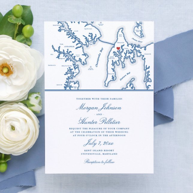 Invitación Mapa de destino de la Isla de Kent en Maryland (These Kent Island Maryland map wedding invitations are perfect for your destination wedding)