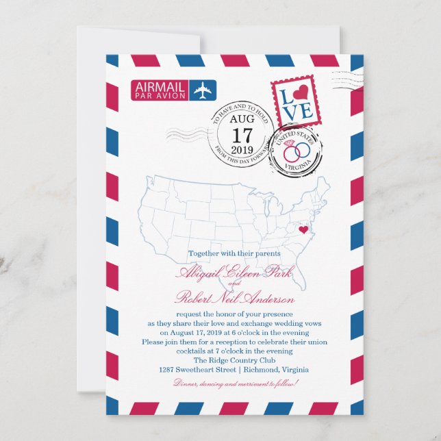 Invitación Mapa de Estados Unidos Virginia USA Airmail | Boda (Anverso)