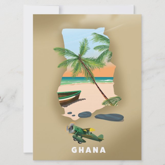 Invitación Mapa de Ghana ilustrado afiche de viajes. (Anverso)