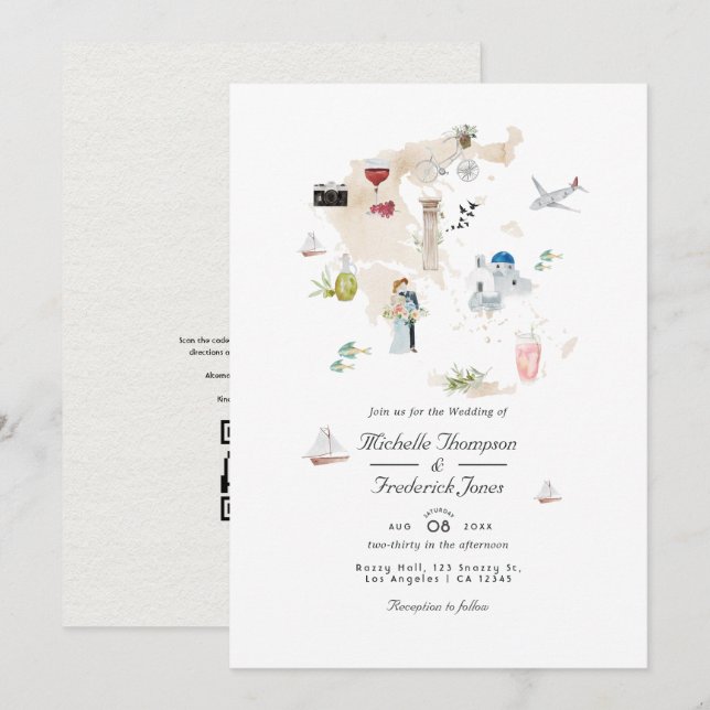 Invitación Mapa de Grecia Código QR RSVP Boda de Destino (Anverso / Reverso)
