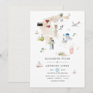 Invitación Mapa de Grecia en acuarela para boda de destino