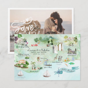 Invitación Mapa de itinerario de boda de destino en Santa Bar