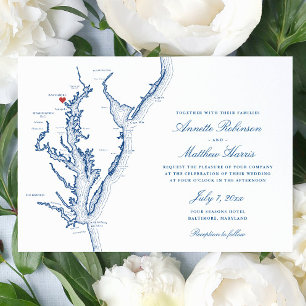 Invitación Mapa de la Bahía de Chesapeake en Azul Marino Boda