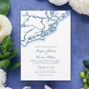 Invitación Mapa de la Isla Johns SC Elegante Boda Azul Marino