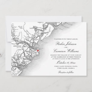 Invitación Mapa de la Isla Tybee en Blanco y Negro para Boda