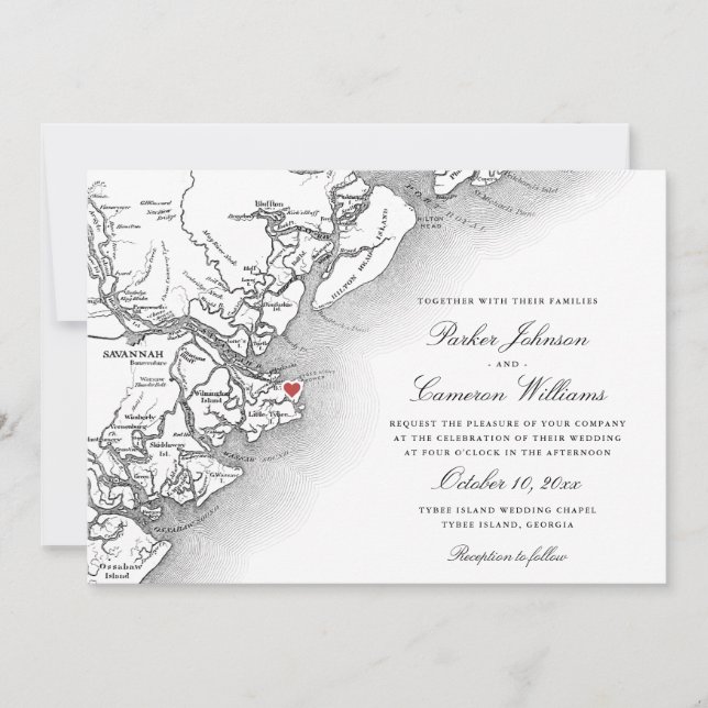 Invitación Mapa de la Isla Tybee en Blanco y Negro para Boda (Anverso)