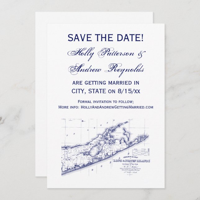 Invitación Mapa de Long Island The Hamptons para boda en vect (Anverso / Reverso)